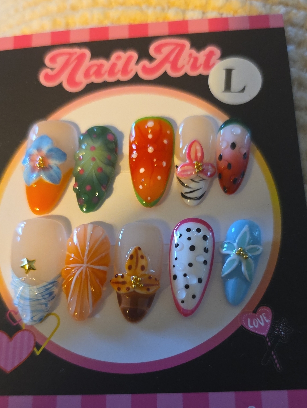 Nail Art Press-On Set - Assorted Color Floral & Fruit Designs Size Large